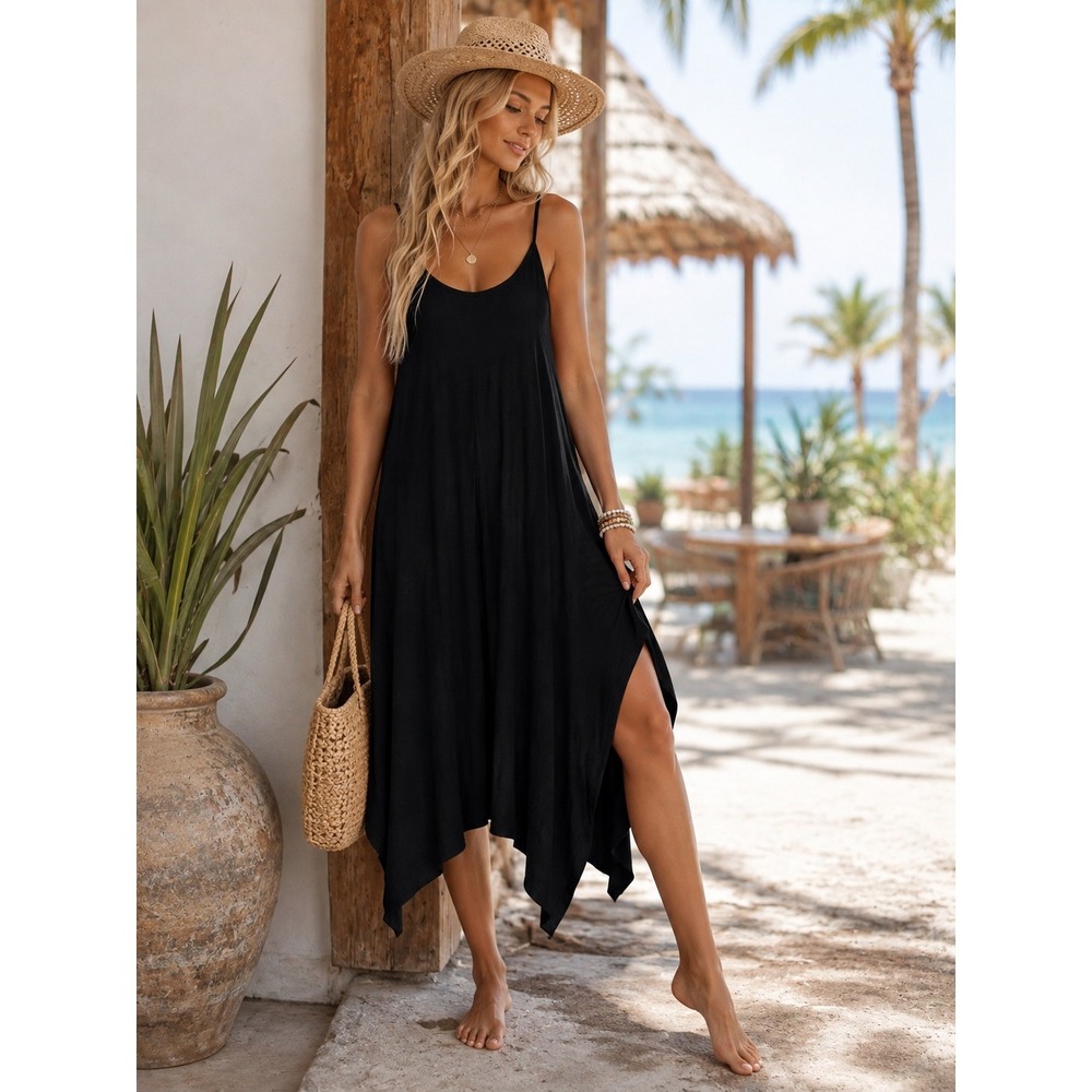 NEW Handkerchief Hem Dress Womens Large Black Spaghetti Strap Midi